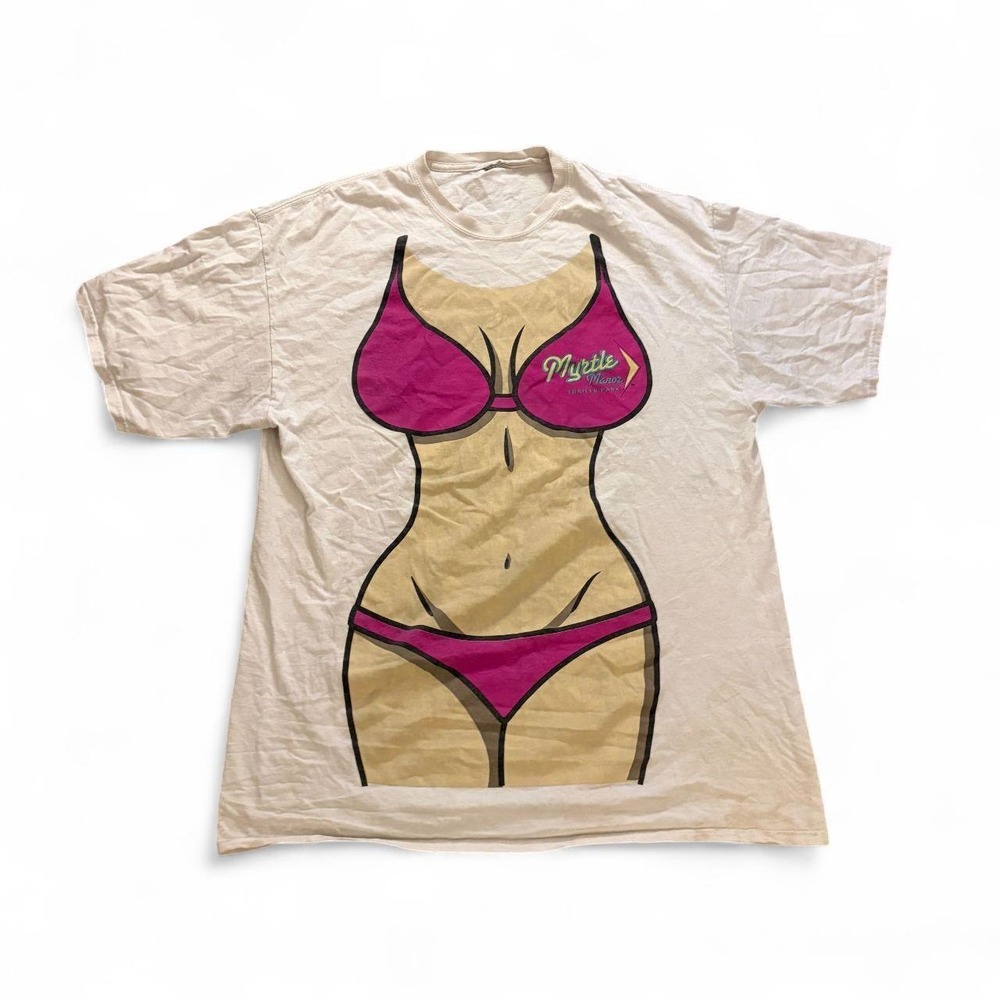 Vintage Myrtle Manor Trailer Park Bikini Graphic T-Shirt White Y2K Novelty Tee